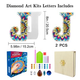 YOYA Diamond Art Letters, 8 Inch Diamond Painting Wooden Letters for Crafts, DIY Full Drill Double Side Diamond Art Kits Letters, 5D Letter Diamond Art Projects for Home Wedding Party Decor, J
