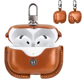 BUITFOU AirPods 4 Case (2024) Air Pods 4 Cover PU Leather Genuine Leather Air Pods 4 Leather Case Cover Drop Prevention Shock Resistant LED Light Visible Carabiner Included Anti-lost (Brown)