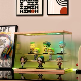 AZEYN Clear Acrylic Display Case with Light , 3 Tier Multiple Color Lights Display Box Stand Assembly Dustproof Protection Showcase for Collectibles Action Figures (Wood 12.6×7×9in)