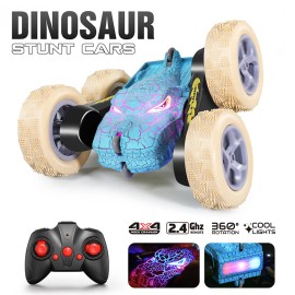 Dinosaur Stunt RC Car: 360° Flips & 4WD W/Wheel Lights, 2.4GHz Rechargeable Remote Control Toy for 6-12 Year -Birthday/Xmas GiftColor: Blue