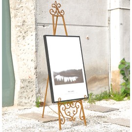 18.25"L x 25.5"W x 55"H Metal Scroll Extra Large Free Standing Adjustable Display Stand Easel with Chain Support, Heavy Duty Easel for Sign, Wedding, Picture Frame, Mirror, Gold (No Assembly Required)