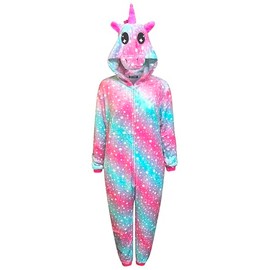Unicorn Onesie Womens Comfy Pyjamas Mens Soft Sleepsuit Gifts for Ladies Animal Jumpsuit Dress Up Costume (L, Unicorn - Pink Green Stars)