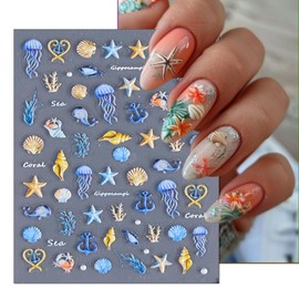 IDDFEVE Embossed Ocean Life Nail Art Stickers - 5D Summer Seashell Starfish Self-Adhesive Nail Decals for DIY Sea Creature Manicure (3 Sheets)