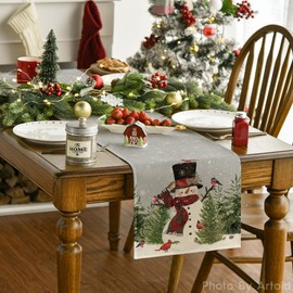 Artoid Mode Snowman Birds Trees Christmas Table Runner, Seasonal Silver Winter Holiday Kitchen Dining Table Decoration for Home Party Decor 13 x 48 Inch