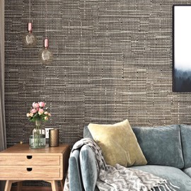 FunStick - Papel pintado de tela de zacate café topo para despegar y pegar con textura, autoadhesivo, papel de contacto de ratán café para gabinetes, papel de pared extraíble de zacate sintética para
