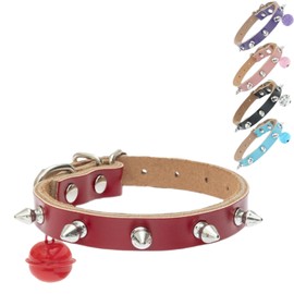 BINGPET Adjustable Leather Spiked Studded Pet Collars,Genuine Leather Dog Collar with Bells,Spiked Cat Puppy Collar,Spikes Soft and Strong Real Leather Made, Adjustable for Small Dogs Puppy Cats