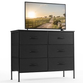 Sweetcrispy Dresser for Bedroom, TV Stand for 45 Inch TV, 6-Drawer Fabric Storage Cabinet with Open Shelves, Console Table, Entertainment Center and Closet Organizers for Living Room Furniture, Black