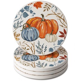 Thirstystone Autumn Pumpkins 4 Pack Round Absorbent Stone Coasters with Protective Cork Backing Manufactured in The USA Artistic Absorbent Easily Wipes Clean
