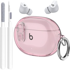 Beats Studio Buds/Studio Bud Plus Case Cover Clear 2021/2023 Lock Clip with Clean Kit, GARTOO Protective Case and Cleaning Pen Compatible with Beat Studio Bud + for Women Girls Kids -Clear Pink