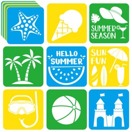 36pcs Summer Beach Drawing Stencils for Kids 8 Inch Sidewalk Chalk Stencils Painting Large Washable Reusable Tropical Palm Tree Themed Primary Shape Template for Kids Toddlers Preschool