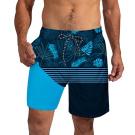 Cozople Men Swim Shorts Trunks with Boxer Brief Liner 7' Inch Inseam Big and Tall UPF Anti Chafe Bathing Suits Stretchy Compression Lined Swimsuit for Beach Surfing Swimwear