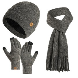 Enwokran Winter Unisex Beanie Hat Scarf Gloves Set, Elastic Knitted Hat Long Scarf Touch Screen Gloves With Thicken Fleece Inner Lining for Men and Women (Medium Gray)