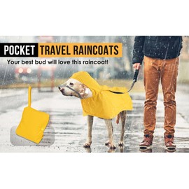 Dog Raincoat with Hood, Waterproof Nylon Shell, Reflective Strips, Yellow, Adjustable with Lead Hole (L)