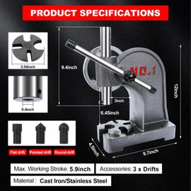 hightall 1 Ton Arbor Press,Handwheel & Long Lever Operation | Cast-Iron Frame, Stainless Steel Ram | 3 Drifts (Flat/Pointed/Round), 5.5" Max Height, Table-Mountable for Metal Stamping, Leathercraft