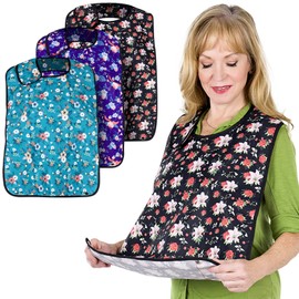 Vive Adult Bibs for Women, Men (3-pack) - Adjustable Bibs for Elderly Senior - Premium Waterproof Bib for Eating - Machine Washable, Clothing Protector With Cumb Catcher, Folding Pocket (Floral)