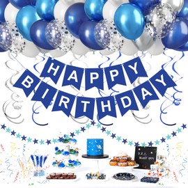 CANREVEL Blue and White Happy Birthday Decorations, Happy Birthday Banner, Metallic Hanging Swirls, Circle Dots Garland, Party Balloons, Blue and White Birthday Party Supplies Decorations for Men Boys