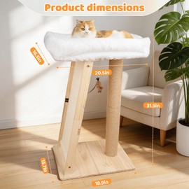 Famifit 31.5" Cat Scratching Post, 3-in-1 Multifunctional Natural Pine Wood Cat Furniture, Tall Scratch Posts with Perch&Scratcher, Boxed with Hanging Bell Toy, Large