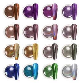 GazePlus 16 Colors Mirror Chrome Nail Powder Set Mirror Effect Holographic Chameleon Pigment Chrome Powder Iridescent Pearlescent Chrome Nail Powder for Nail Art Decoration Glitter