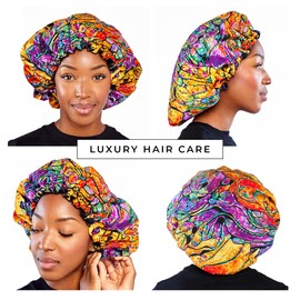 LuMay Satin Lined Ankara Double Layer Adjustable Sleeping Bonnet for Women and Men Natural Curly Hair (Berry Lava)