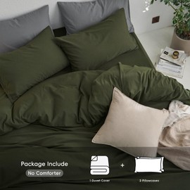 MooMee Bedding Duvet Cover Set 100% Washed Cotton Linen Twill Thick Sturdy Material Super Soft Breathable Durable for All Season 3 Pieces (Olive Green, King)