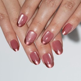 TENPAL French Tip Press on Nails Short Almond Fake Nails With Glue Hot Pink Glitter False Nails With French Cat Eye Designs 24pcs/Box Acrylic Nails Press ons For Women Girls