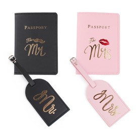 UgyDuky 4 PCS Mr and Mrs Luggage Tags and Passport Covers Set for Couple,Honeymoon Travel,Best Bridal Shower and Engagement Gifts (Pink)