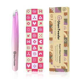 Expert - Pinzas de punta inclinada con funda de viaje de cuero, GlamTweeler - Pinzas de acero inoxidable afiladas y de precisión para cejas, vello facial y eliminación de pelos finos (violeta y