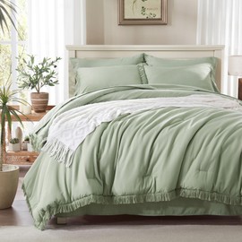 Anluoer Queen Comforter Set 7 Piece with Sheets-Sage Green Boho Bed in a Bag with Tassel Lightweight Soft Bedding Sets with 1 Comforter, 2 PillowShams, 2 Pillowcases, 1 Flat Sheet, 1 Fitted Sheet