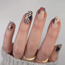 MERVF Medium Press on Nails Square Fake Nails Fall Squoval Glue on Nails Blue Gold Plaid Acrylic Nails with Leaf Pumpkin Design Press ons Matte 24pcs Thanksgiving Day