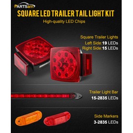 Partsam Submersible LED Trailer Tail Light Kit, Square Trailer Lights+Light Bar+8 Side Markers, with 25FT Wiring Harness Reflective Stickers Combined Stop Turn Tail License Lights for Boat Trailer 12V
