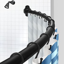 TENOVEL Curved Shower Curtain Rod, Round 48-72 Inches Shower Rods for Bathroom Adjustable, Rounded Bowed Stainless Steel Shower Rods Customized for for Bathtub, Stall, Matte Black, Need to Drill