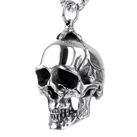 PAMTIER Mens Gothic Biker Large Heavy Skull Stainless Steel Pendant Necklace Silver Black, Small, With Chain