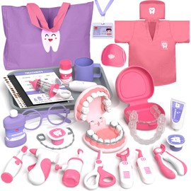 Lehoo Castle Kids Doctor Set, Toy Medical Kits, Pretend Dentist Kit Playset Kids with Doctor Costume Doctor Bag Dental Models, Role Play Set for 3 4 5 Year Boys Girls (Pink)