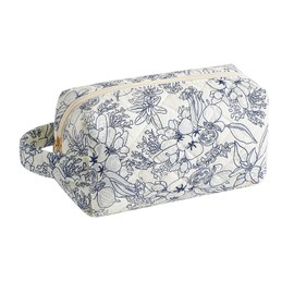 JOVAKIT Travel Makeup Bag Cosmetic Bag for Women, Christmas Gifts, Small Floral Flowers Coquette Toiletry Bag with Handle, Zipper Make Up Pouch Organizer Bag Trendy Stuff (Navy Blue Flower)