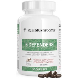 Real Mushrooms Real Mushrooms 5 Defenders Capsules - Organic Mushroom Extract w/Chaga, Shiitake, Maitake, Turkey Tail, Reishi Supplement Vegan, Non-GMO, 90 Caps