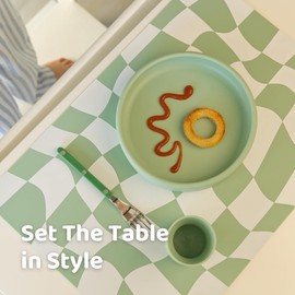 APLAINR Proud Placemat, Silicone Placemats for Babies, Toddler Placemat, Kids Placemat, Checkered Pattern and Stripe Pattern, Set of 2, Matcha Green