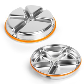 OUTFANDIA Stainless Steel Portion Control Plate with Lids, Divided Plates for Adults, 10.6in Deep Divided Lunch Boxes with Secure Locking Plastic Lids, Reusable Camping Serving Dinner Plates