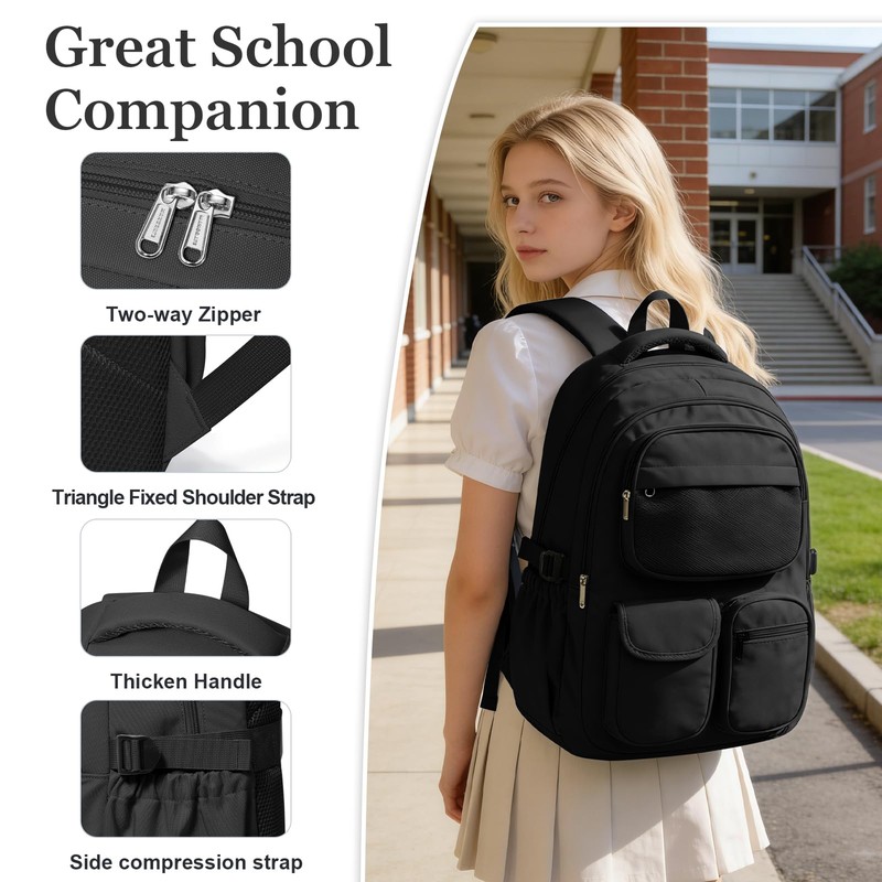 Cypak Black Backpack for School Teens Boys Girls, Large Capacity