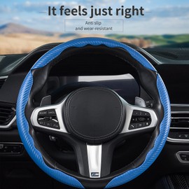 3 Piece Carbon Fiber Steering Wheel Cover,Car Steering Wheel Protector with Non-Slip Lining,Breathable Microfiber Universal for 14.5-15 inch,Blue
