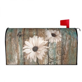 Evlaschin Rustic Daisy Board Mailbox Cover Magnetic, White Sunflowers Vintage Wood Grain Plank Mailbox Wrap Letter Post Box Cover for Yard Garden Outside Home Decor, Large Size 25.5x21 Inch
