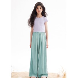 Rolanko Girls Wide Leg Pants Flowy Paperbag Summer Palazzo Trousers with Pockets Kids Linen Pants (Blue, 12-14)