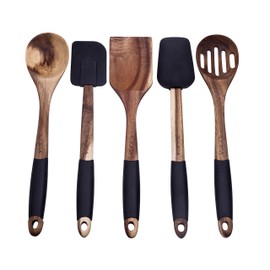TOOKSA- Premium 5 Piece Acacia Multi-Toned Light and Dark Wooden Spoon, Turner and Spatula Utensil Set with Silicone, Rubber, Non-Slip Handles (Black)