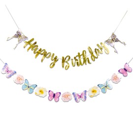 SUNBEAUTY Butterfly Happy Birthday Banner Butterfly Birthday Garden Party Decorations Fairy Party Decoration Summer Flowers Banner | Pre-Strung