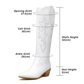 GOSERCE White Cowgirl Boots Knee High Cowboy Boots for Women Chunky Stacked Heel 2.5" Pointed Toe Embroidery White,7