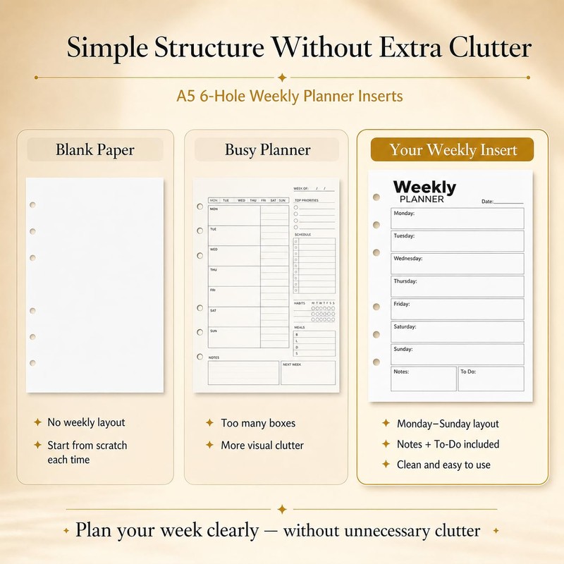 A5 Weekly Planner Inserts, Undated 6-Hole Refill Pages with Monday-Sunday