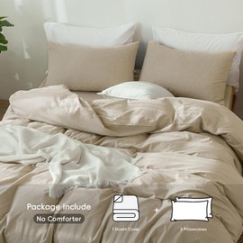 MooMee Bedding Duvet Cover Set 100% Washed Cotton Linen Like Textured Breathable Durable Soft Comfy (Heathered Almond Milk Grey, Super King 108“x98)