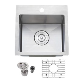 Friho 15x15 Inch Drop in Bar Sink, Topmout Small Kitchen Sink, 16 Ganuge Handmade T-304 Stainless Steel Square Single Bowl Sink for RV Wet Bar Prep RV Outdoor with Accessories