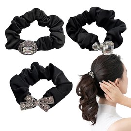 shefun JP252 Chou Chou Silk Pearl Crystal Hair Rubber Set of 3 Black Elegant Adult Hair Elastic Satin Silk Rubber Stylish Volume Women's Hair Ornaments (Crystal)