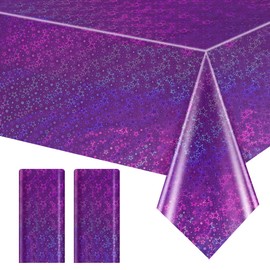 2 Pcs Purple Holographic Laser Tablecloths with Shimmering Stars Table Cover, 40 x 108 Disposable Shiny Table Cloth with Sparkling Stars for Birthday Party, Wedding, Anniversary, Bachelorette