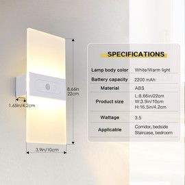 Clnutrieve LED Wall Sconces 2Pack,Battery Operated Rechargeable Free Install Wall Lamp, Infrared Human Body Sensing Modern Bedroom Wall Light Dimming with Button Switch